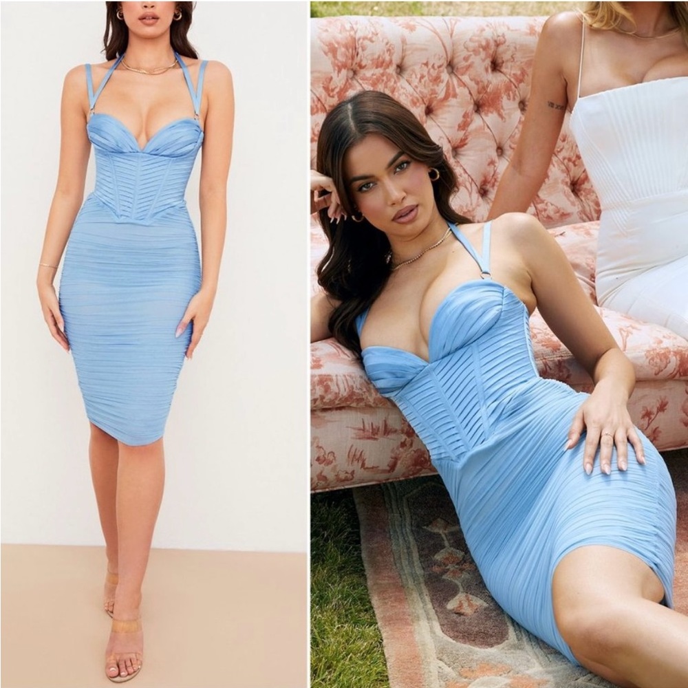 House of CB Josephine Baby Blue Pleated Corset Midi Dress